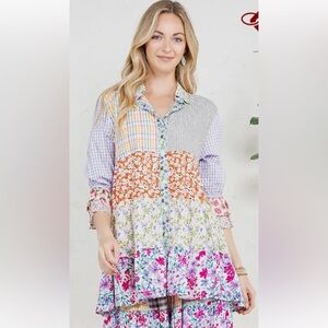 YTS4–(SHIPPED) Floral Patchwork Long Sleeve button up shirt with matching skirt